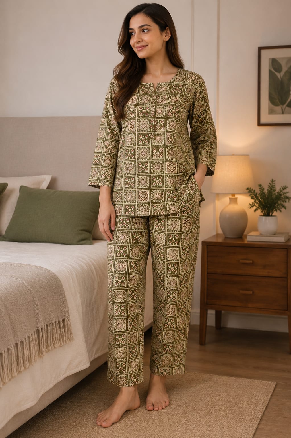 Women’s Cotton Printed Night Suit Set – Olive Green 3/4 Sleeve Top with Matching Pyjama Pants & Pockets