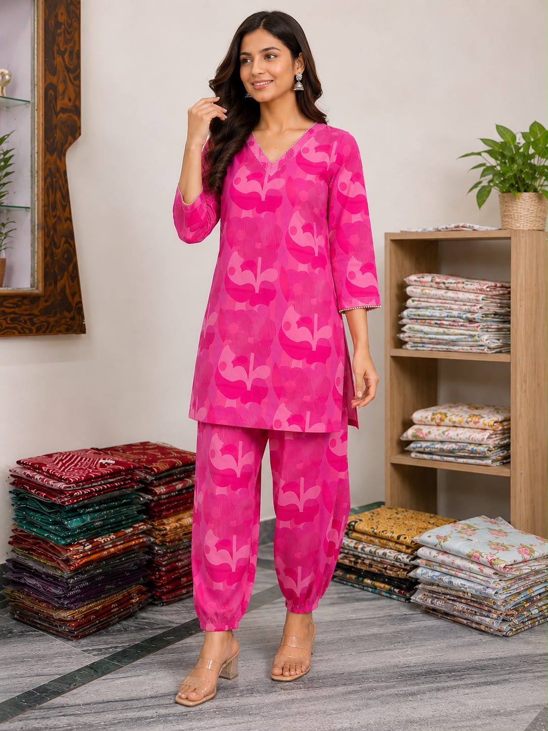Women’s Pink Printed Cotton Kurti Set | V-Neck 3/4 Sleeve Kurta with Matching Jogger Pants