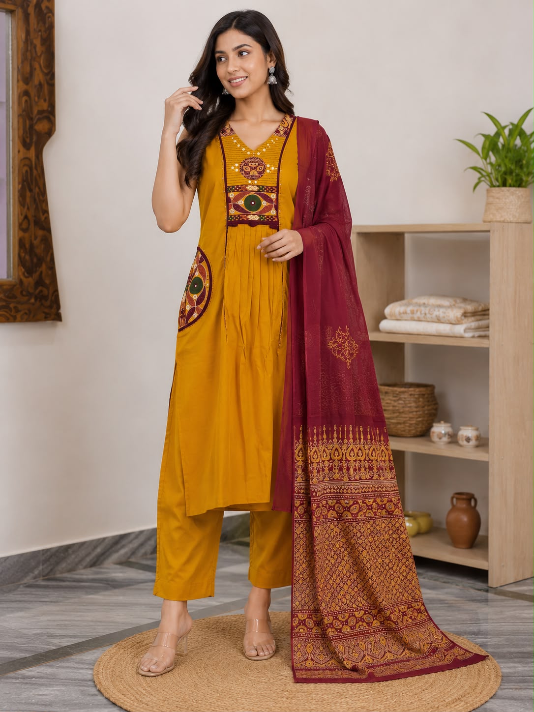 Women’s Mustard Yellow Cotton Kurti Set with Maroon Printed Dupatta | Ethnic Kurta, Straight Pants & Dupatta