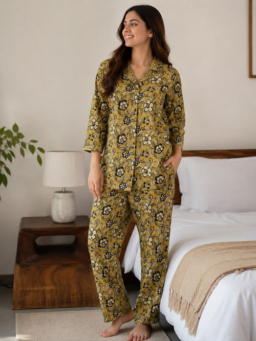 Women’s Mustard Kalamkari Hand Block Print Cotton Night Suit | Front-Open Shirt & Pyjama Set