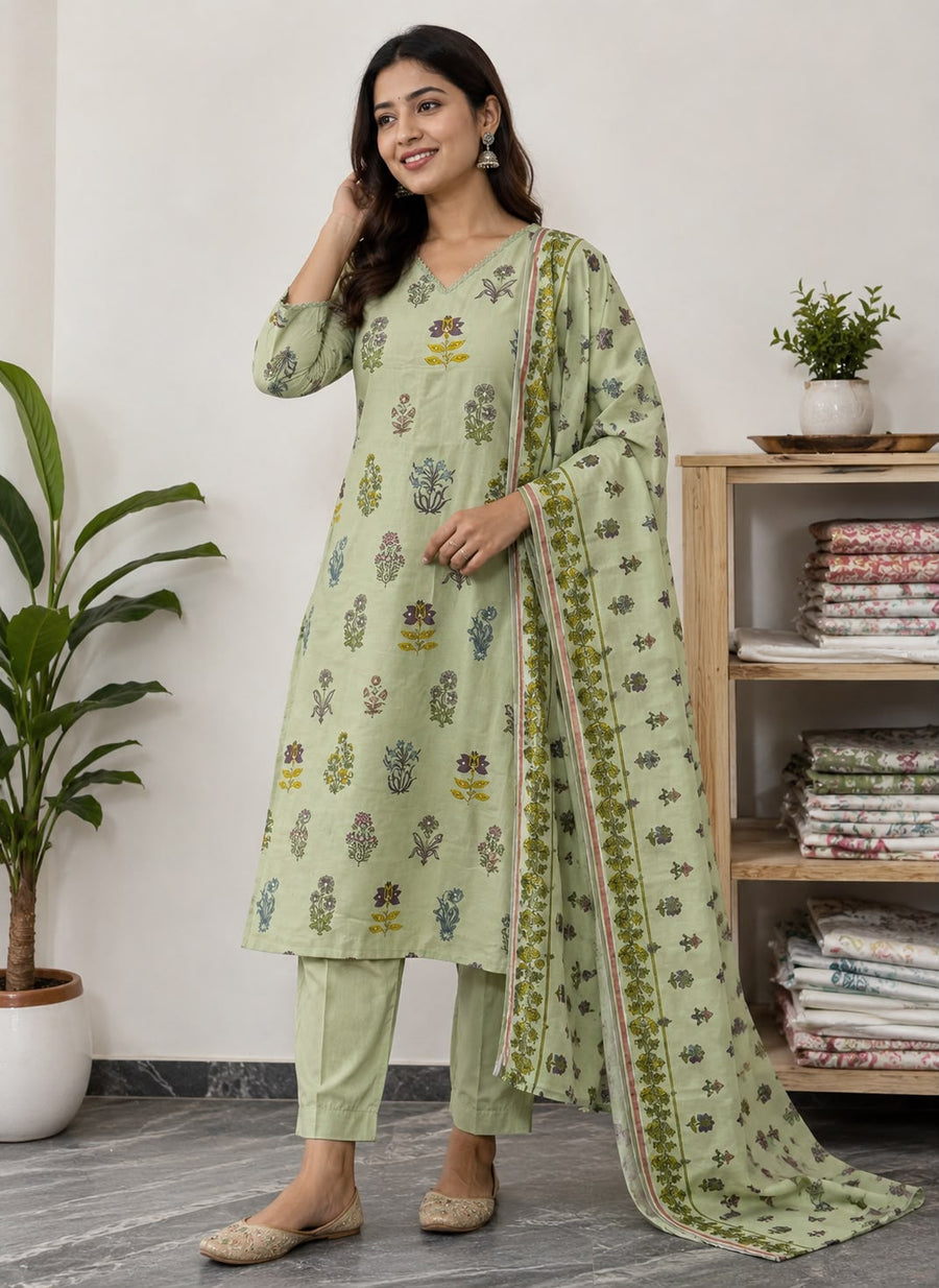 Women’s Sage Green Floral Printed Cotton Kurti Set with Dupatta | V-Neck Kurta, Straight Pants & Printed Dupatta