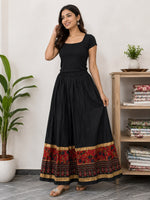 Women’s Black Flared Cotton Maxi Skirt with Red Floral Border | Elastic Waist Ethnic Long Skirt