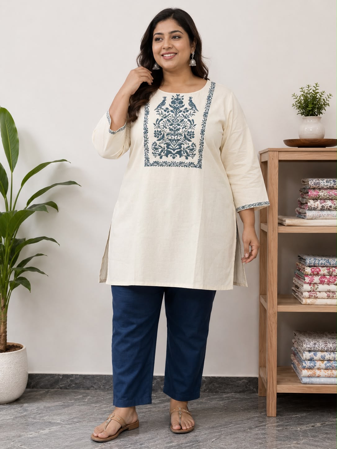 Women’s Plus Size Off-White Cotton Short Kurti with Blue Ethnic Print | 3/4 Sleeve Straight Tunic
