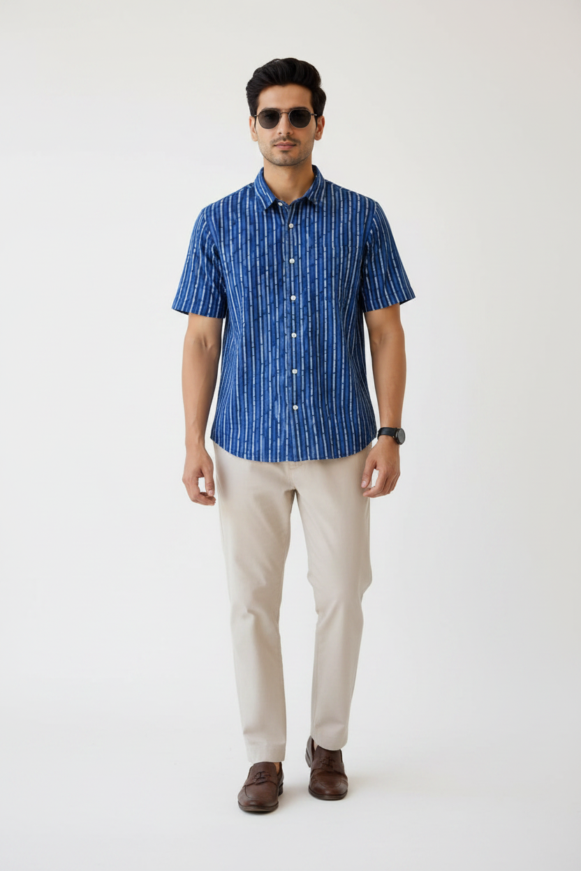 Men’s Indigo Blue Hand Block Printed Half Sleeve Cotton Shirt | Regular Fit Casual Summer Shirt