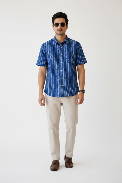 Men’s Indigo Blue Hand Block Printed Half Sleeve Cotton Shirt | Regular Fit Casual Summer Shirt