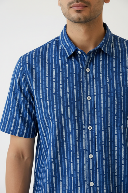Men’s Indigo Blue Hand Block Printed Half Sleeve Cotton Shirt | Regular Fit Casual Summer Shirt