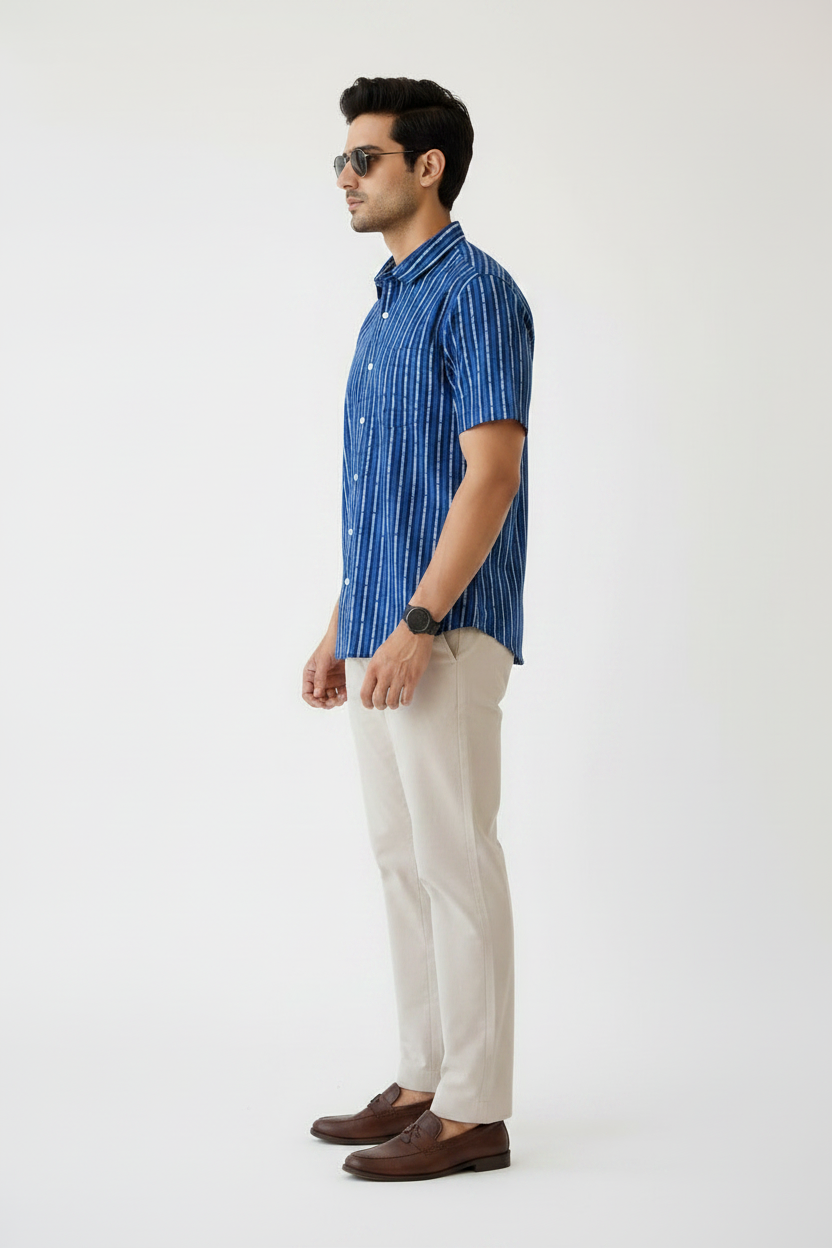 Men’s Indigo Blue Hand Block Printed Half Sleeve Cotton Shirt | Regular Fit Casual Summer Shirt