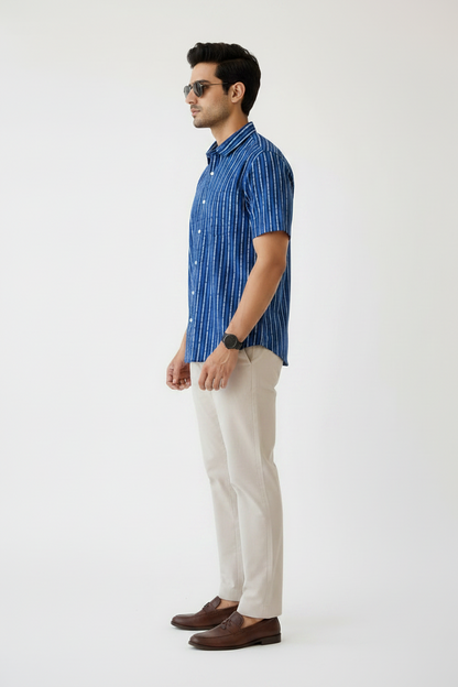 Men’s Indigo Blue Hand Block Printed Half Sleeve Cotton Shirt | Regular Fit Casual Summer Shirt