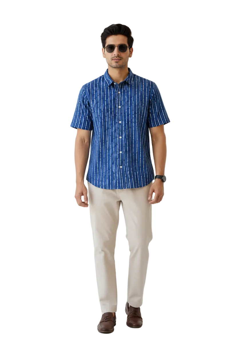 Men’s Indigo Blue Hand Block Printed Half Sleeve Cotton Shirt | Regular Fit Casual Summer Shirt