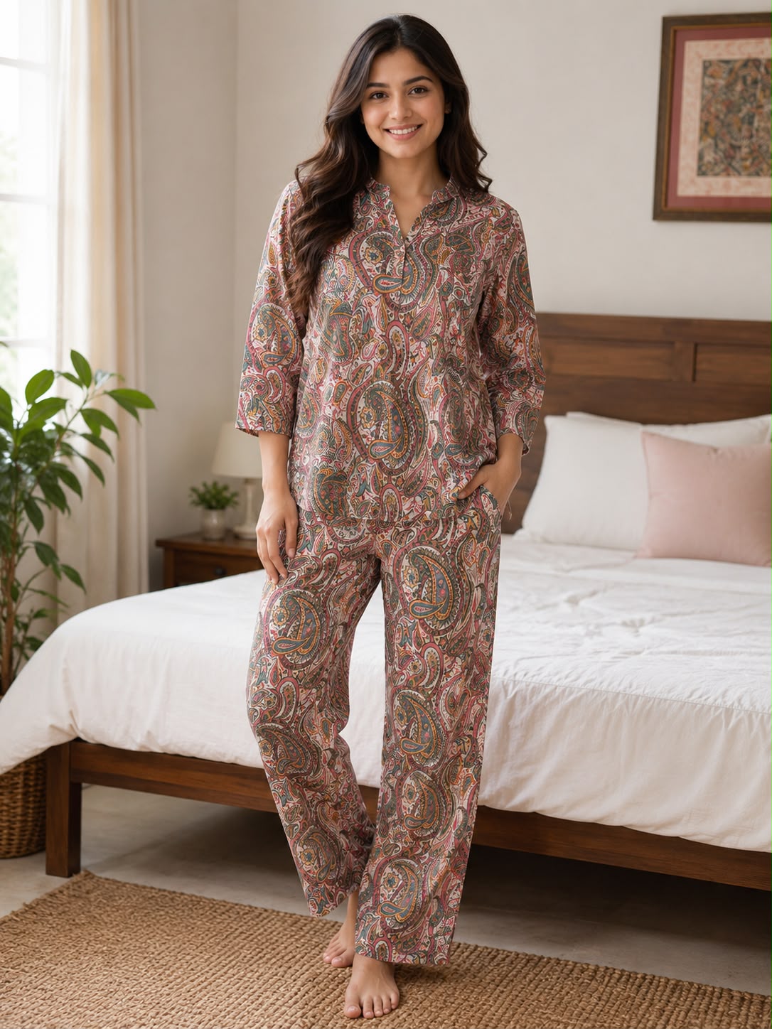 Women’s Multicolor Paisley Print Cotton Night Suit Set | 3/4 Sleeve Top & Pajama Sleepwear