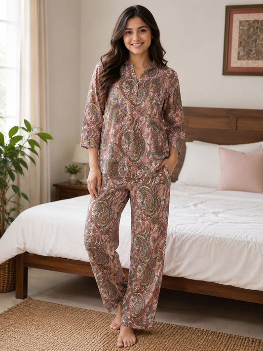 Women’s Multicolor Paisley Print Cotton Night Suit Set | 3/4 Sleeve Top & Pajama Sleepwear