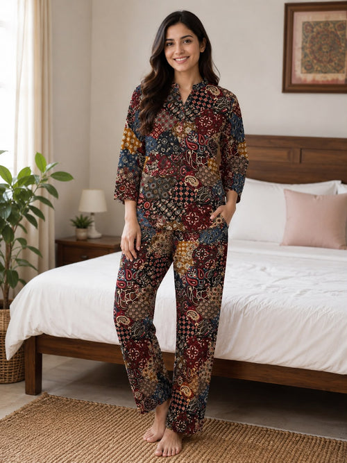 Women’s Multicolor Patchwork Paisley Print Night Suit Set | 3/4 Sleeve Top & Straight-Fit Pajama