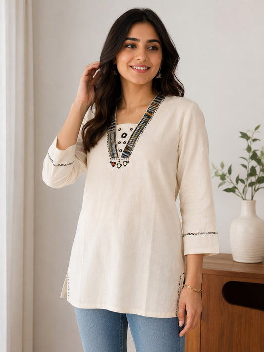 Women’s Off-White Khadi Cotton Short Kurti with Embroidered V-Neck | 3/4 Sleeve Ethnic Top