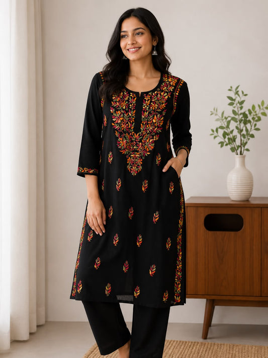 Women’s Black Chikankari Embroidered Kurti | Multicolour Floral Work with 3/4 Sleeves