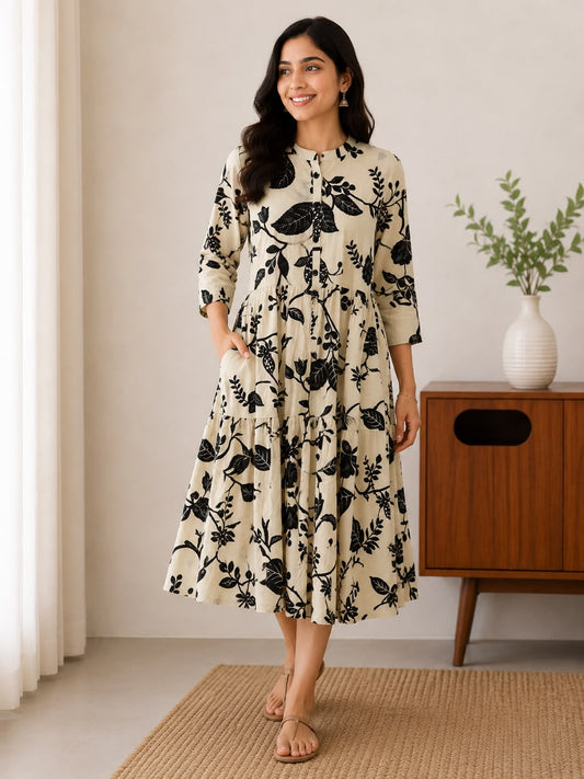Women’s Cream Floral Print Tiered Midi Dress | 3/4 Sleeve Button-Neck Casual Dress