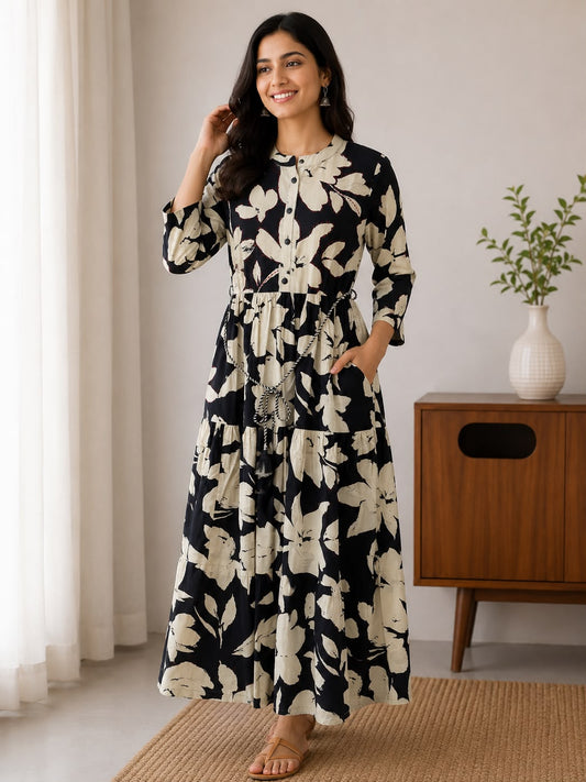 Women’s Black & Cream Floral Print Tiered Maxi Dress | 3/4 Sleeve Button-Front Dress with Tie Belt