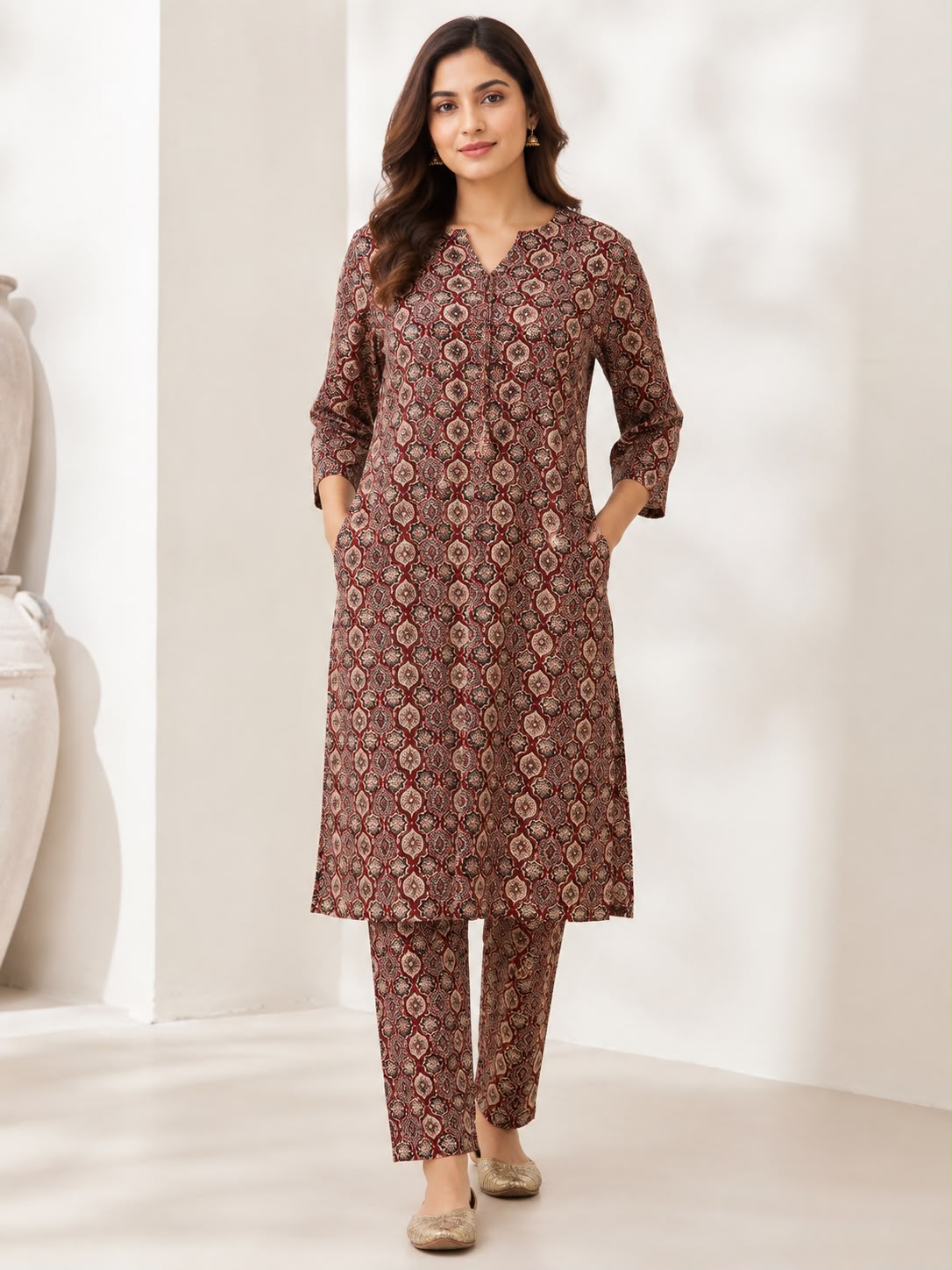 Women’s Ajrakh-Inspired Printed Kurta Pant Co-ord Set | Knee-Length Kurti with Pockets & Straight Pants | Ethnic Two-Piece Set