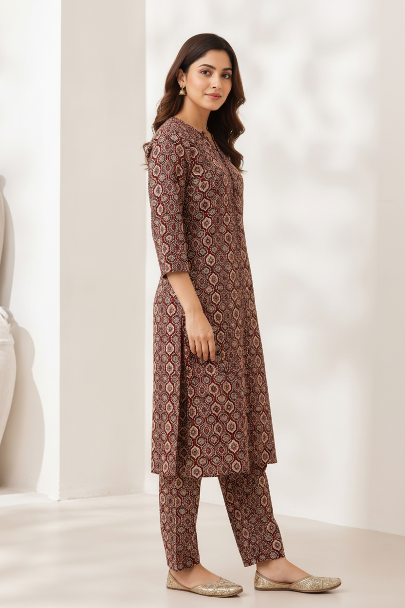 Women’s Ajrakh-Inspired Printed Kurta Pant Co-ord Set | Knee-Length Kurti with Pockets & Straight Pants | Ethnic Two-Piece Set