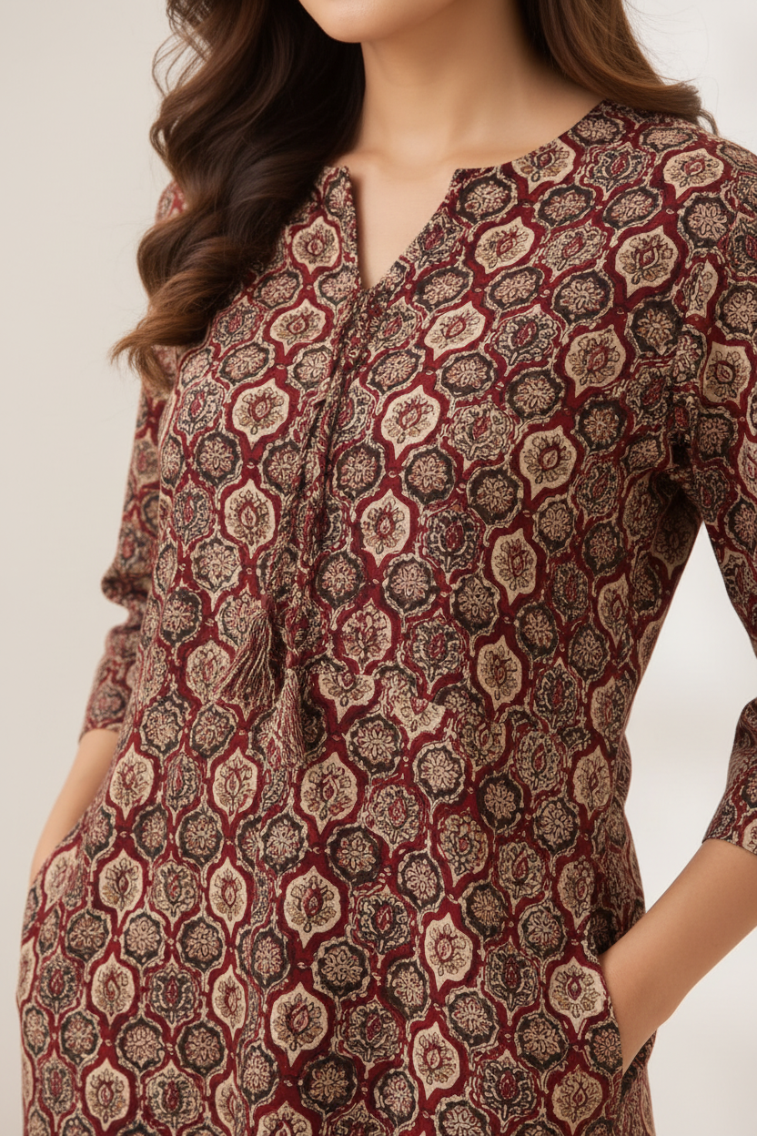 Women’s Ajrakh-Inspired Printed Kurta Pant Co-ord Set | Knee-Length Kurti with Pockets & Straight Pants | Ethnic Two-Piece Set