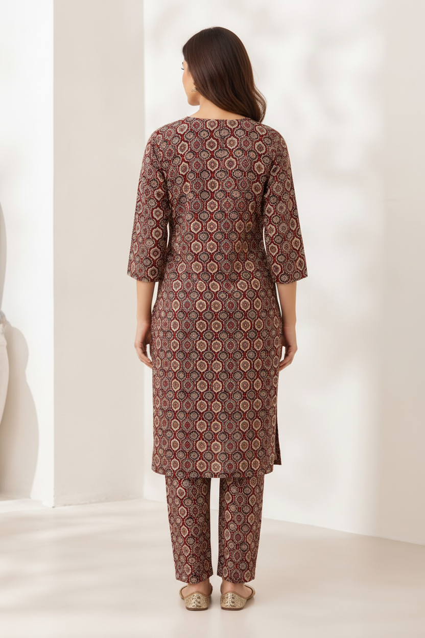 Women’s Ajrakh-Inspired Printed Kurta Pant Co-ord Set | Knee-Length Kurti with Pockets & Straight Pants | Ethnic Two-Piece Set