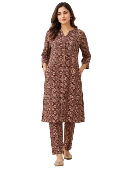 Women’s Ajrakh-Inspired Printed Kurta Pant Co-ord Set | Knee-Length Kurti with Pockets & Straight Pants | Ethnic Two-Piece Set