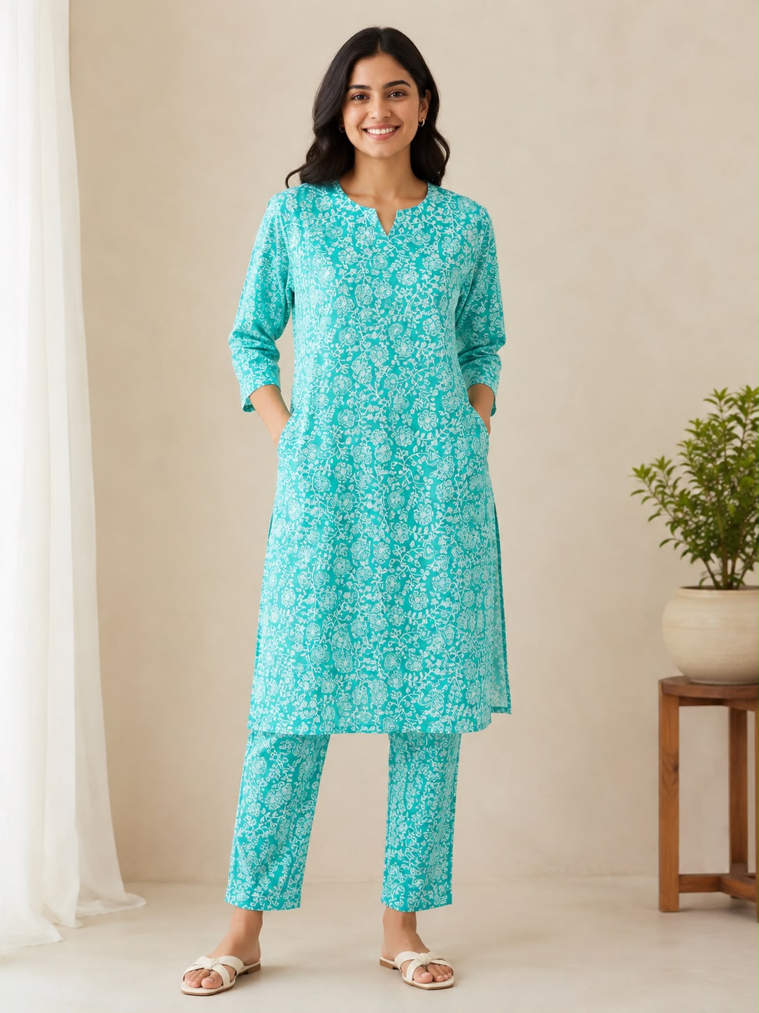 Women’s Aqua Blue Printed Kurta Pant Co-ord Set | Straight Kurti with Pockets & Matching Pants | Casual Ethnic Two-Piece Set