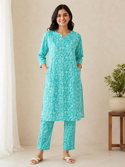 Women’s Aqua Blue Printed Kurta Pant Co-ord Set | Straight Kurti with Pockets & Matching Pants | Casual Ethnic Two-Piece Set