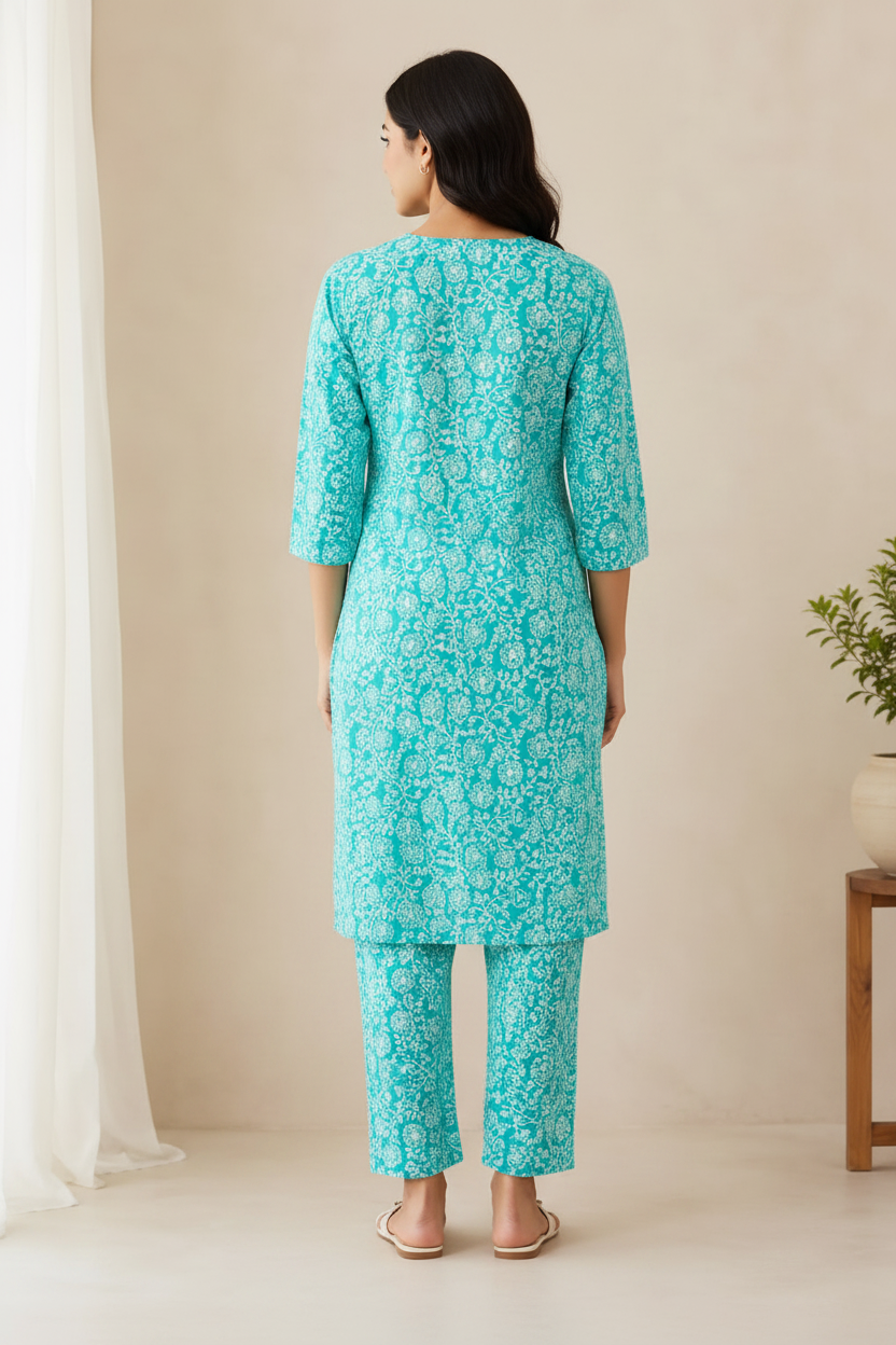 Women’s Aqua Blue Printed Kurta Pant Co-ord Set | Straight Kurti with Pockets & Matching Pants | Casual Ethnic Two-Piece Set