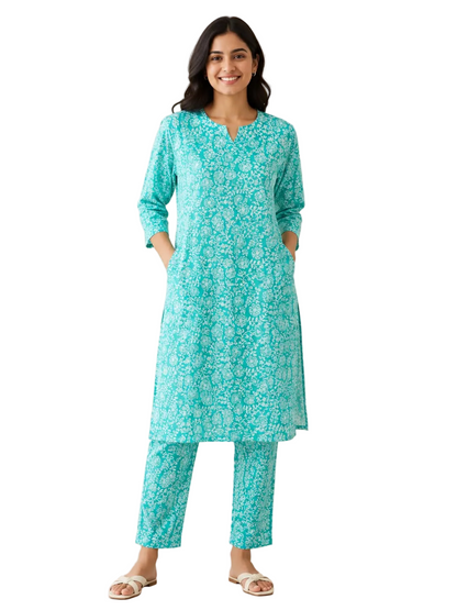 Women’s Aqua Blue Printed Kurta Pant Co-ord Set | Straight Kurti with Pockets & Matching Pants | Casual Ethnic Two-Piece Set