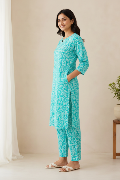 Women’s Aqua Blue Printed Kurta Pant Co-ord Set | Straight Kurti with Pockets & Matching Pants | Casual Ethnic Two-Piece Set
