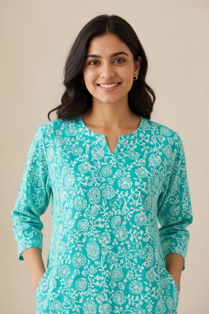 Women’s Aqua Blue Printed Kurta Pant Co-ord Set | Straight Kurti with Pockets & Matching Pants | Casual Ethnic Two-Piece Set