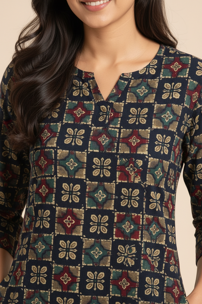 Women’s Navy Blue Ajrakh-Inspired Printed Kurta Pant Co-ord Set | Straight Kurti with Pockets & Matching Pants | Ethnic Two-Piece Set
