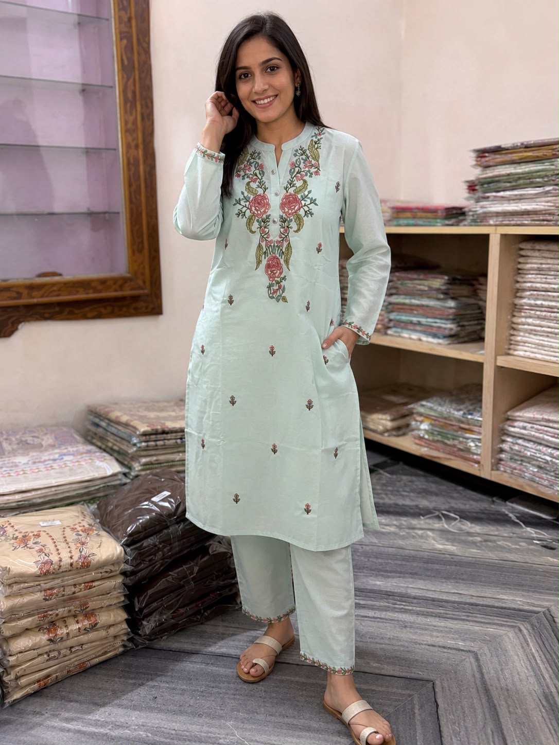 Women’s Mint Green Floral Embroidered Kurti Set with Straight Pants | 2-Piece Ethnic Wear Set with Pockets & 3/4 Sleeves