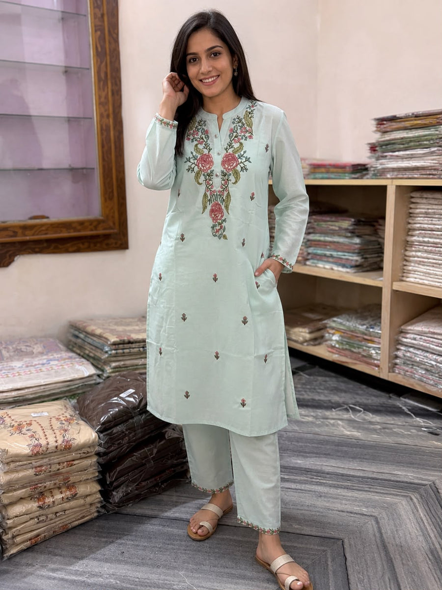 Women’s Mint Green Floral Embroidered Kurti Set with Straight Pants | 2-Piece Ethnic Wear Set with Pockets & 3/4 Sleeves