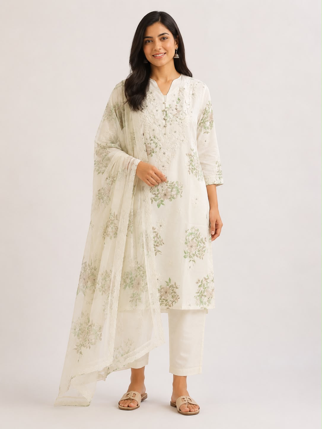 Women’s Off-White Mal Cotton Floral Kurti Set with Dupatta | 3-Piece Embroidered Kurta, Straight Pants & Printed Dupatta