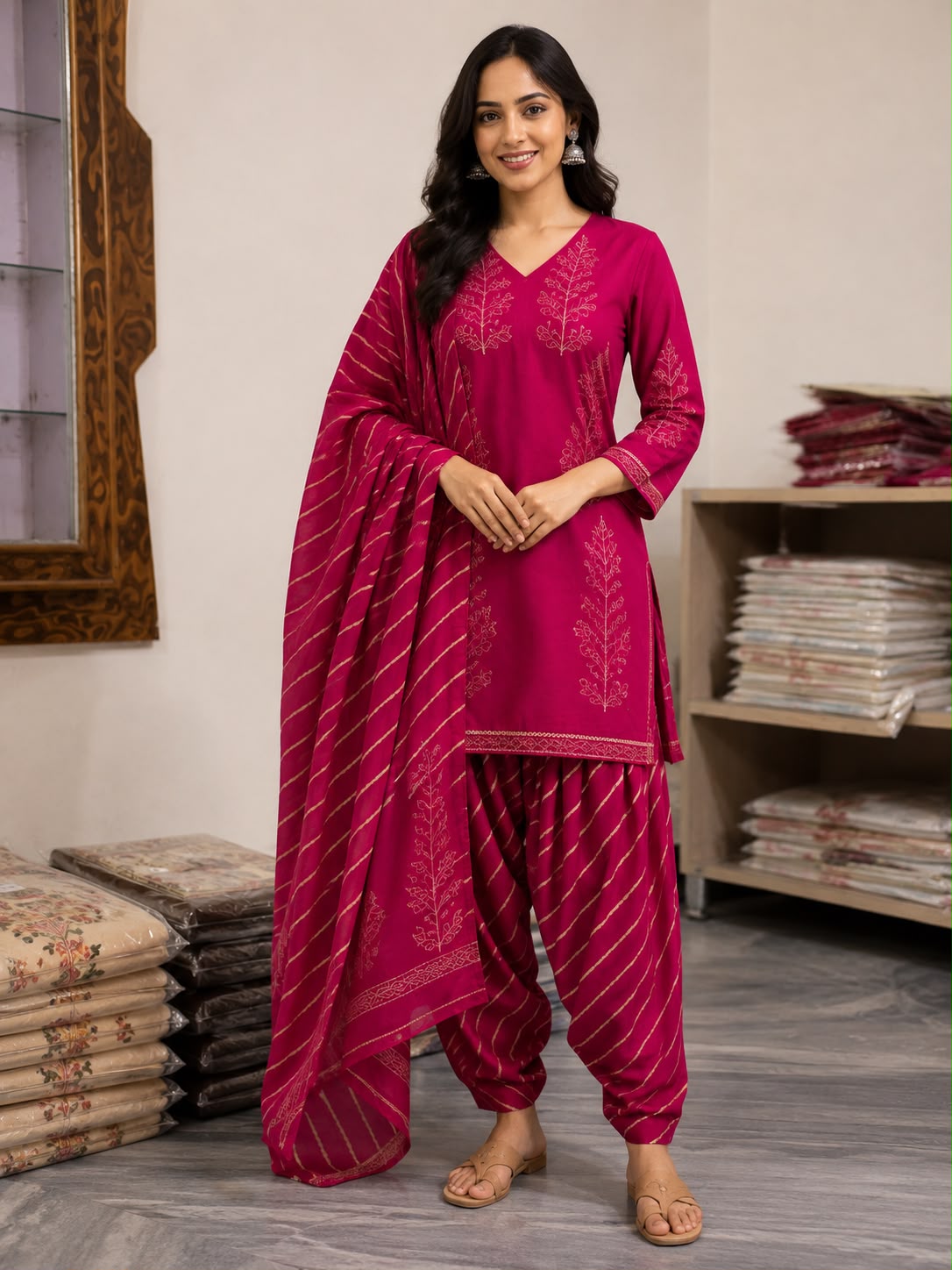 Women’s Rani Pink Printed Kurti Set with Patiala Salwar & Dupatta | 3-Piece Ethnic Suit Set with V-Neck Kurta
