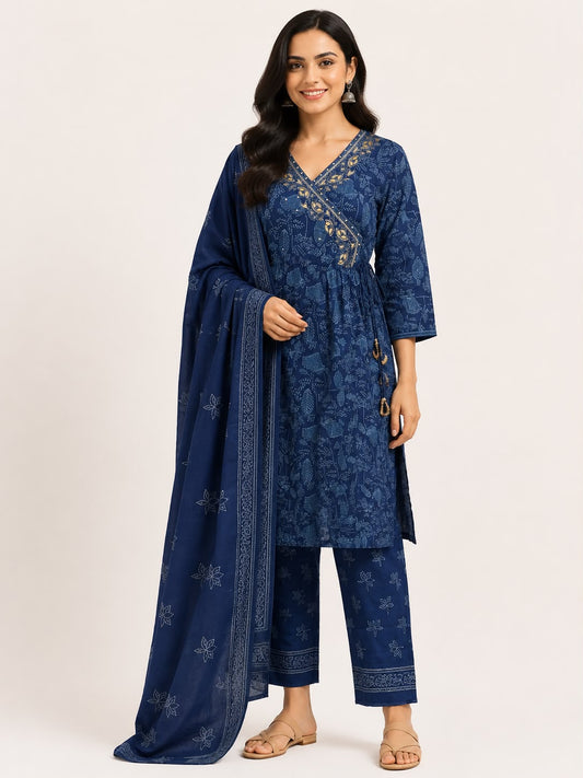 Women’s Navy Blue Printed Angrakha Kurti Set with Dupatta | 3-Piece Wrap-Style Kurta, Pants & Ethnic Dupatta
