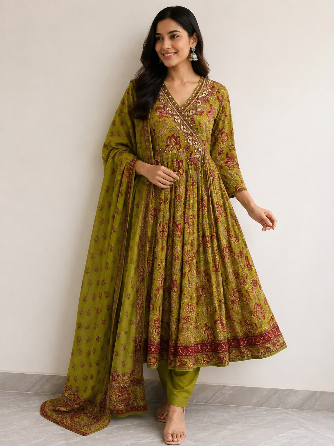 Women’s Olive Green Printed Anarkali Kurti Set with Dupatta | 3-Piece Angrakha Kurta, Straight Pants & Ethnic Dupatta