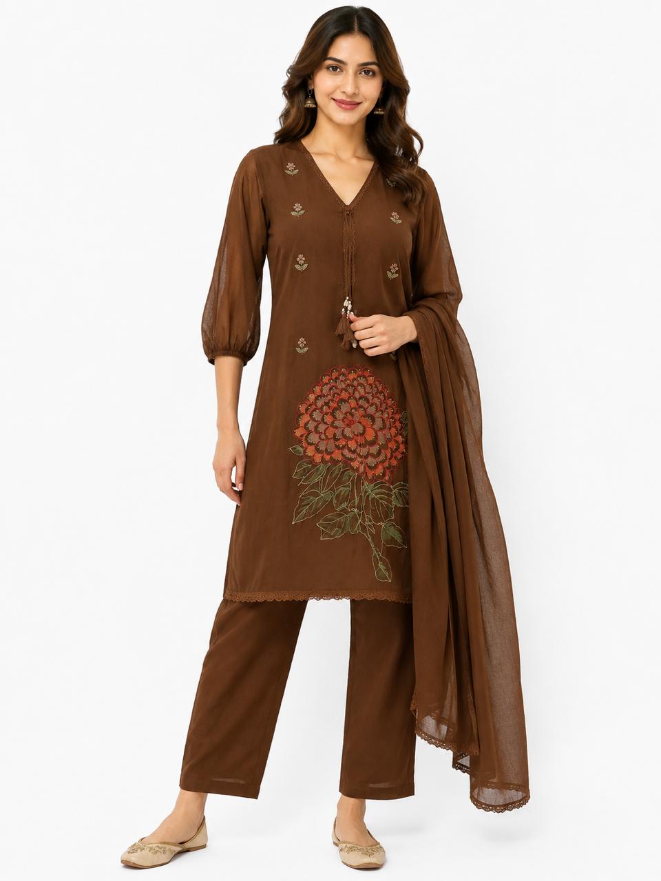 Women’s Brown Mal Mal Floral Kurti Set with Dupatta | 3-Piece Embroidered Kurta, Straight Pants & Lightweight Dupatta