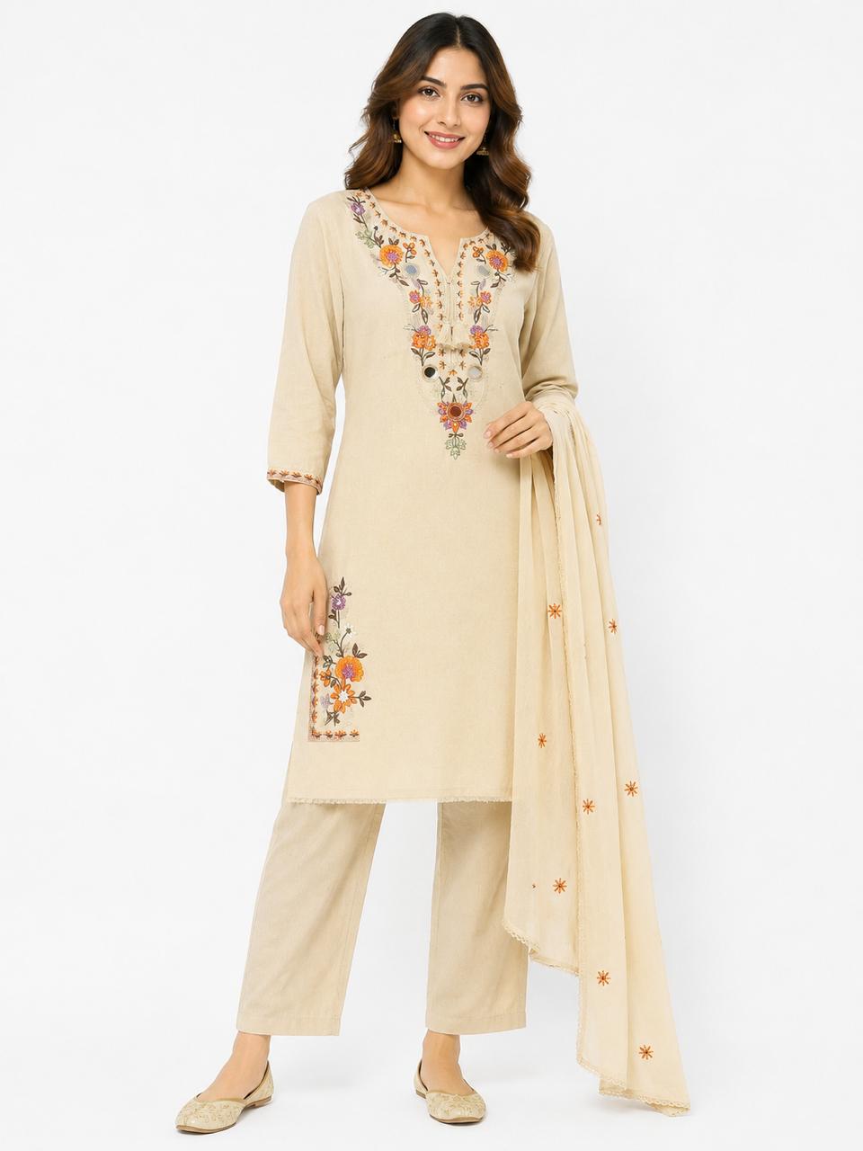 Women’s Beige Floral Embroidered Kurti Set with Dupatta | 3-Piece Straight Kurta, Pants & Lightweight Dupatta