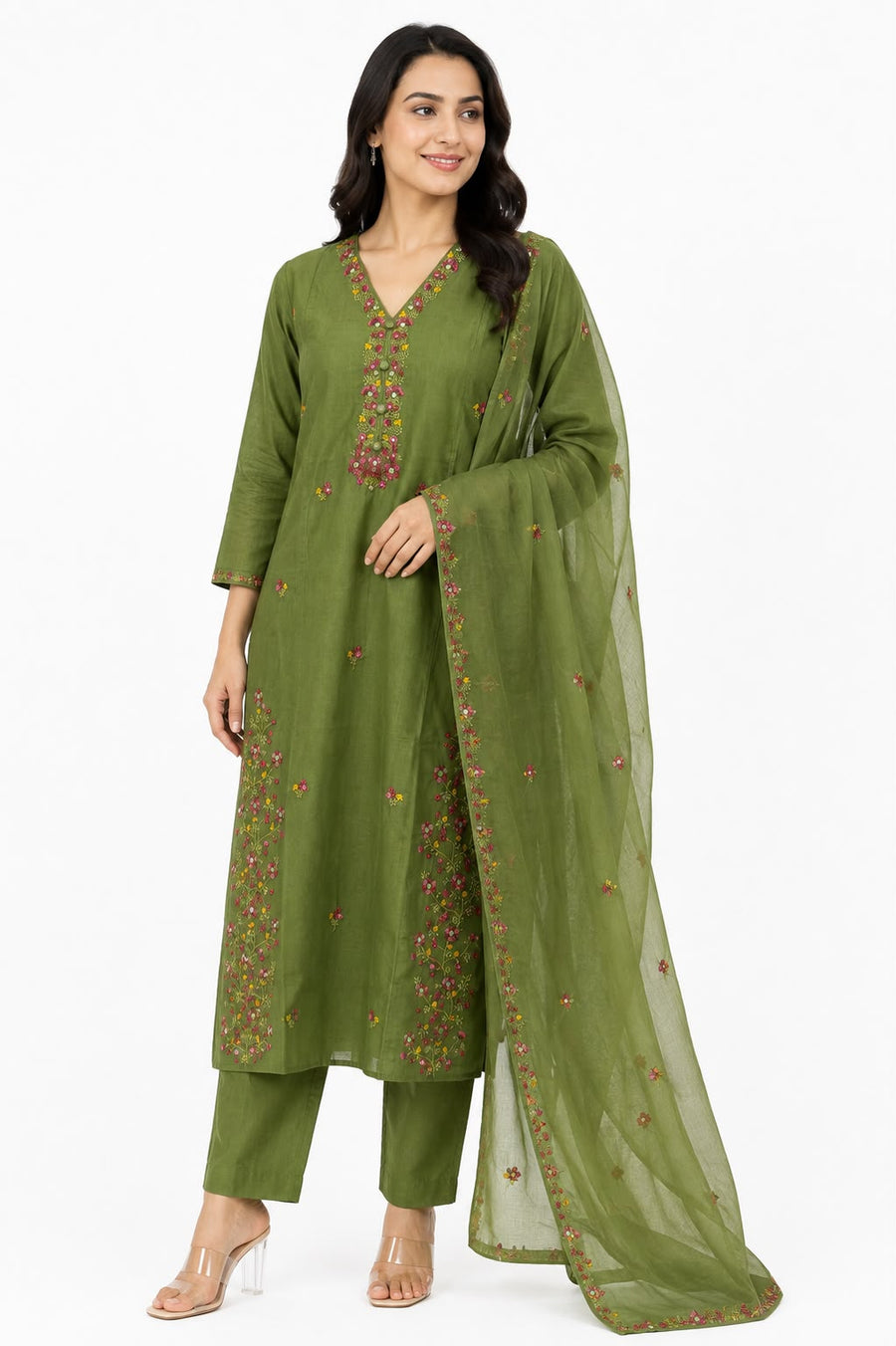 Women’s Olive Green Floral Embroidered Kurti Set with Dupatta | 3-Piece Straight Kurta, Pants & Sheer Dupatta