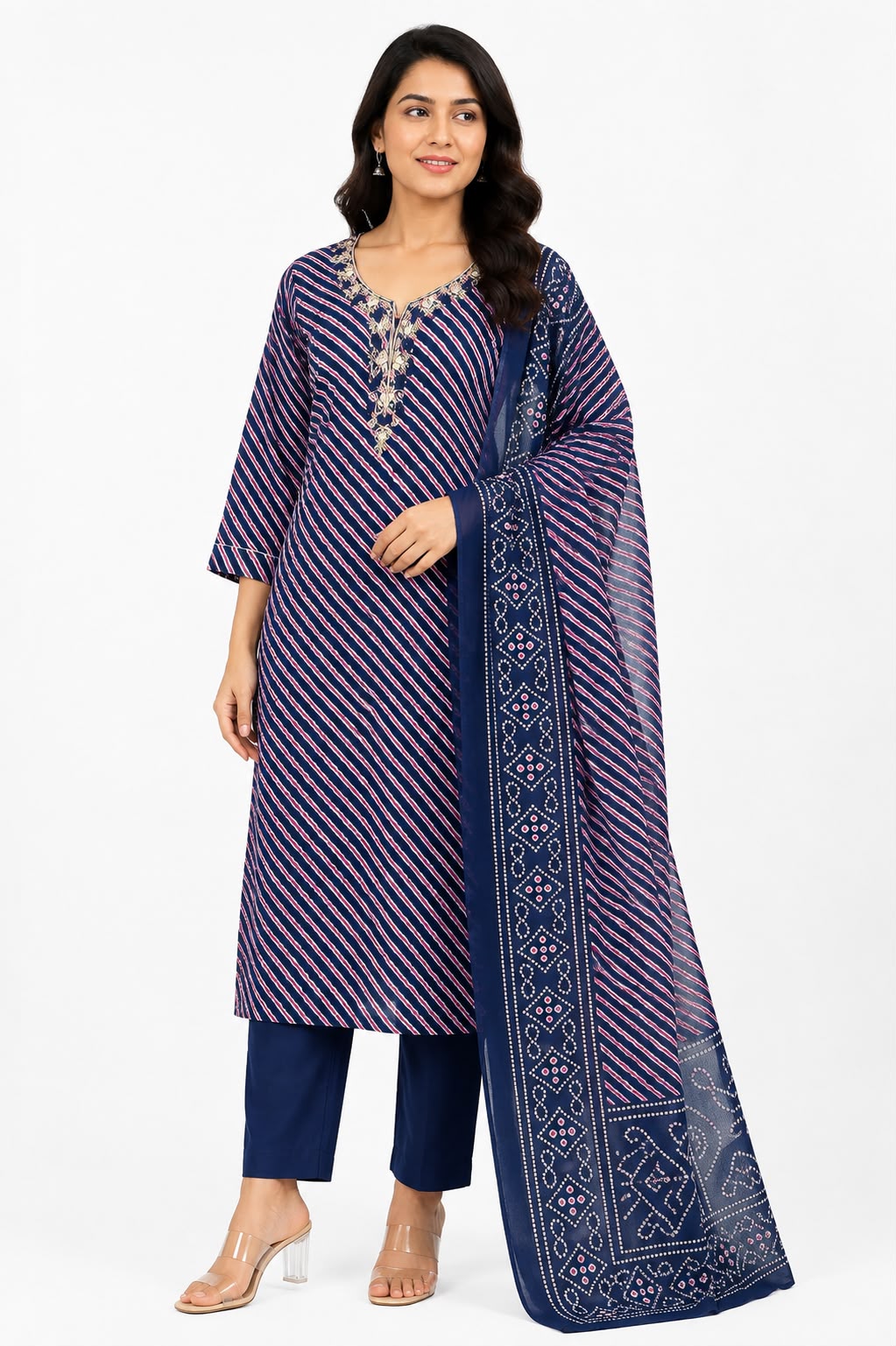 Women’s Navy Blue Striped Kurti Set with Dupatta | 3-Piece Embroidered Kurta, Straight Pants & Printed Dupatta