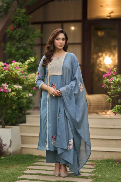 Women’s Dusty Blue Floral Embroidered Kurti Set with Dupatta | 3-Piece Straight Kurta, Pants & Lace Detail Dupatta
