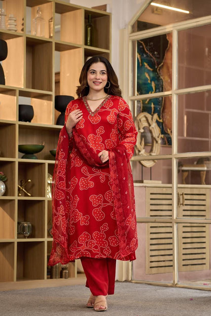Women’s Red Maslin Printed Kurti Set with Dupatta | 3-Piece Straight Kurta, Pants & Bandhani-Inspired Dupatta