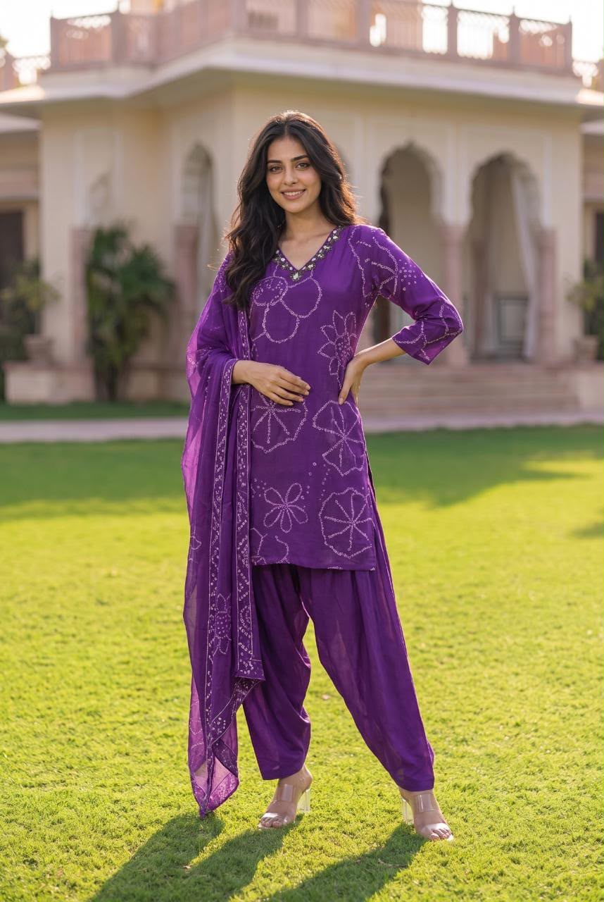 Women’s Purple Printed Kurti Set with Patiala Pants & Dupatta | 3-Piece V-Neck Ethnic Suit Set