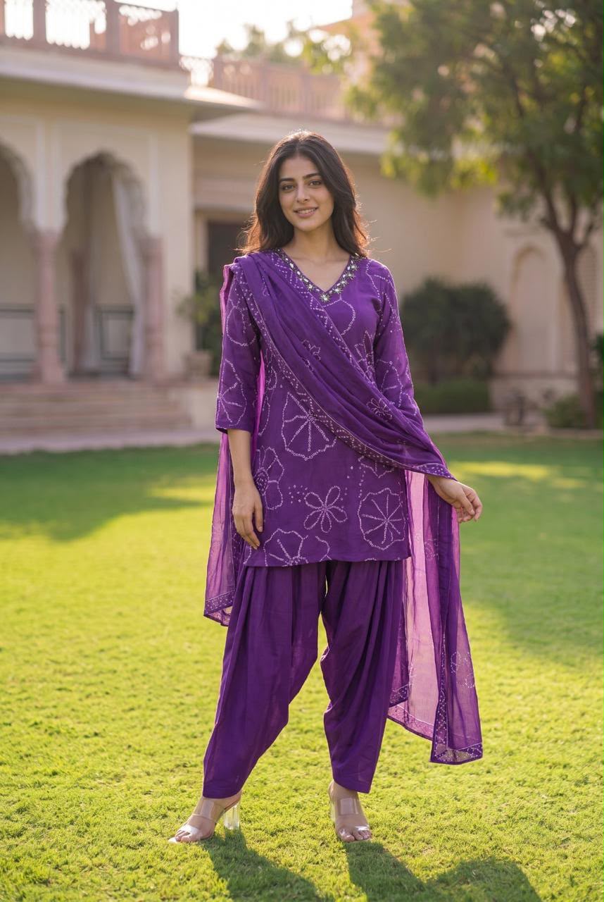 Women’s Purple Printed Kurti Set with Patiala Pants & Dupatta | 3-Piece V-Neck Ethnic Suit Set