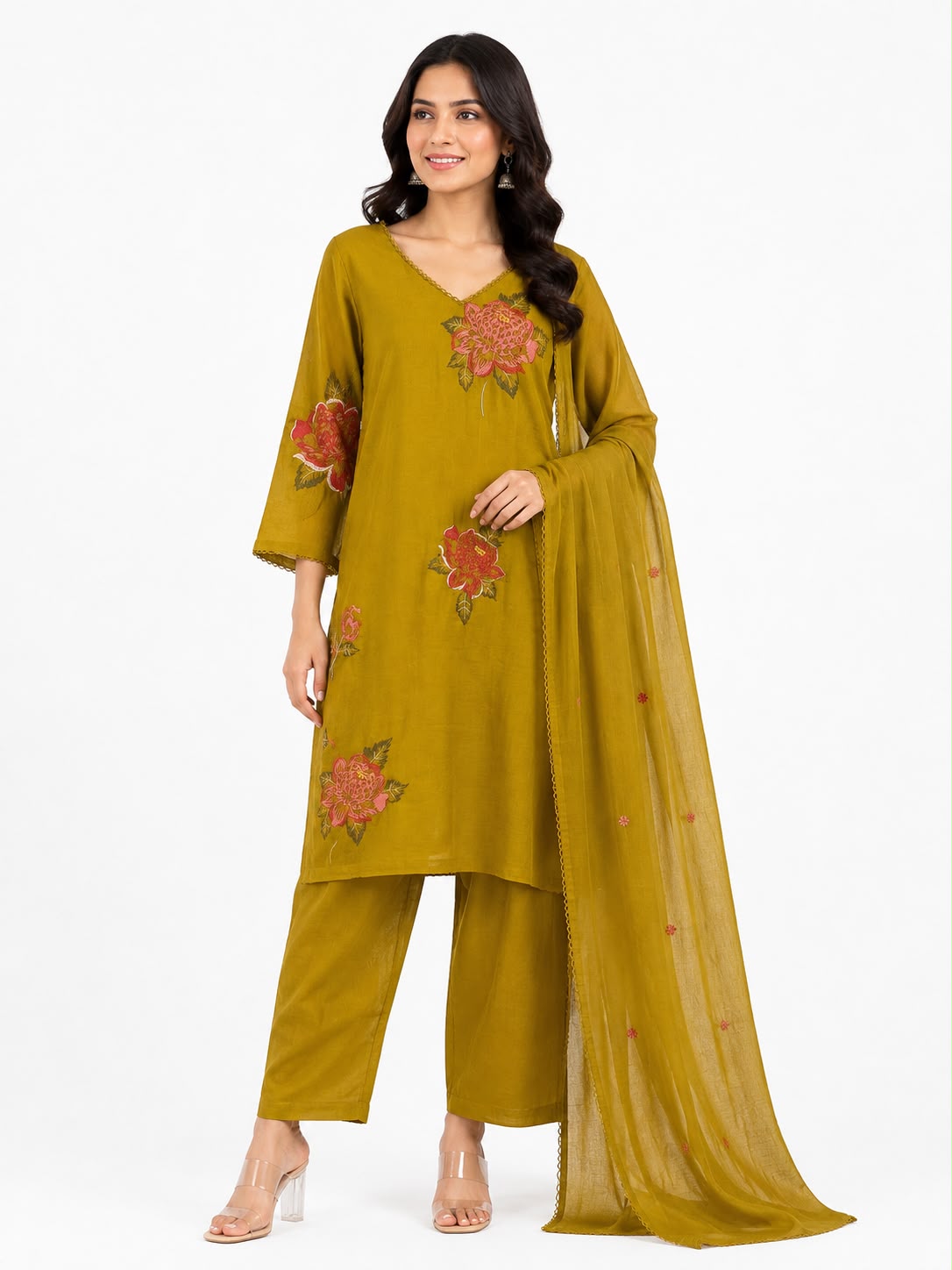 Women’s Mustard Yellow Mal Cotton Floral Kurti Set with Dupatta | 3-Piece Straight Kurta, Pants & Lightweight Dupatta