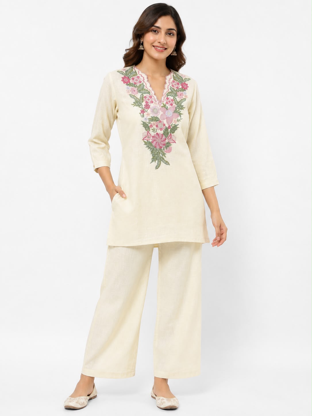 Women’s Cream Floral Embroidered Co-ord Set | Short Kurti with Wide-Leg Pants and Side Pocket