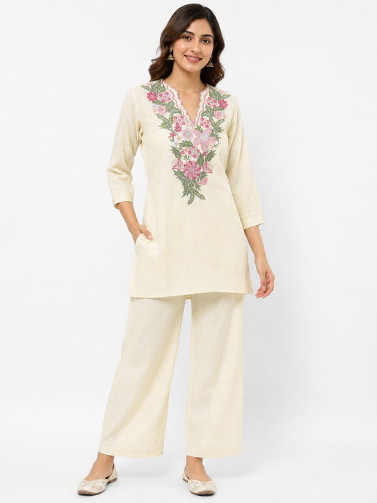 Women’s Cream Floral Embroidered Co-ord Set | Short Kurti with Wide-Leg Pants and Side Pocket