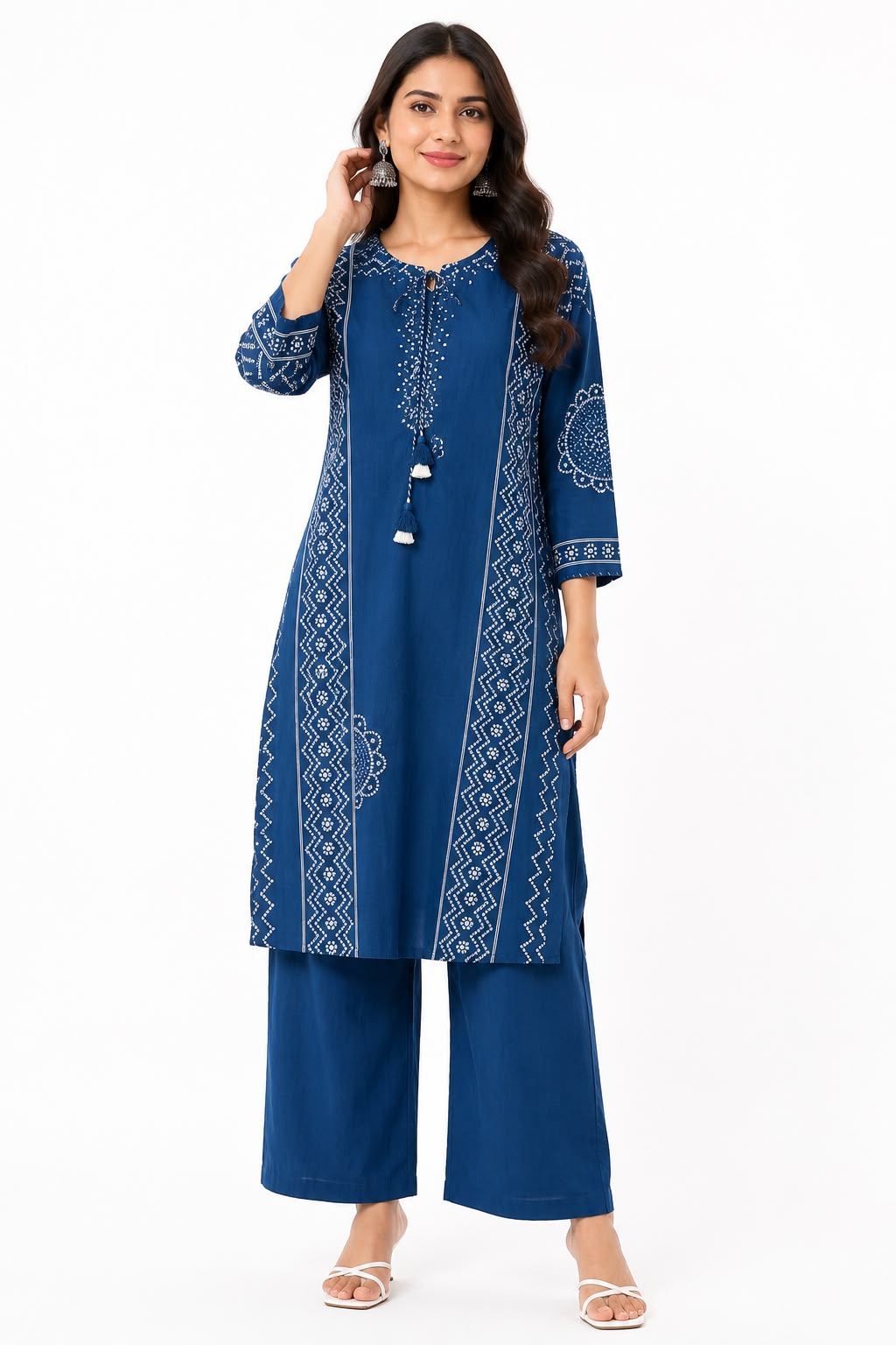 Women’s Indigo Blue Printed Cotton Kurti Set with Wide Leg Pants | 3/4 Sleeve Ethnic Co-ord Set